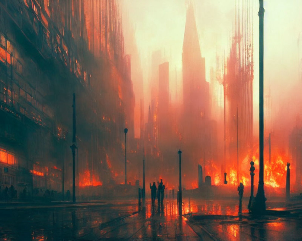 Dystopian cityscape with towering buildings and silhouetted figures