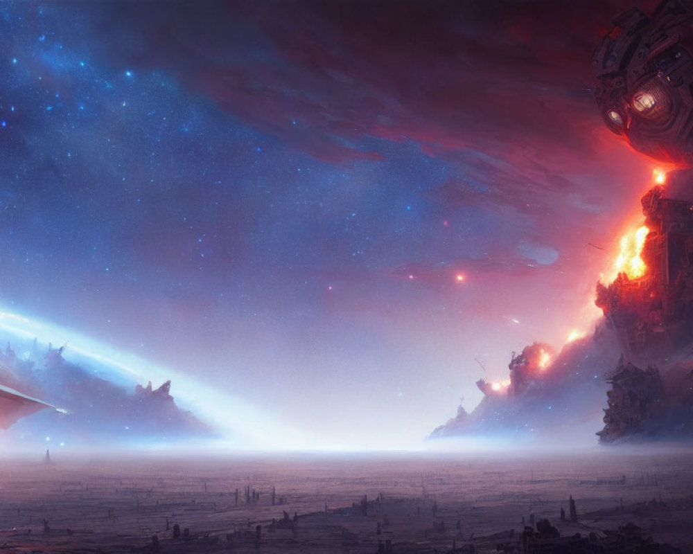 Sci-fi scene: Spaceships, alien landscape, massive structure, starry sky, nebulas