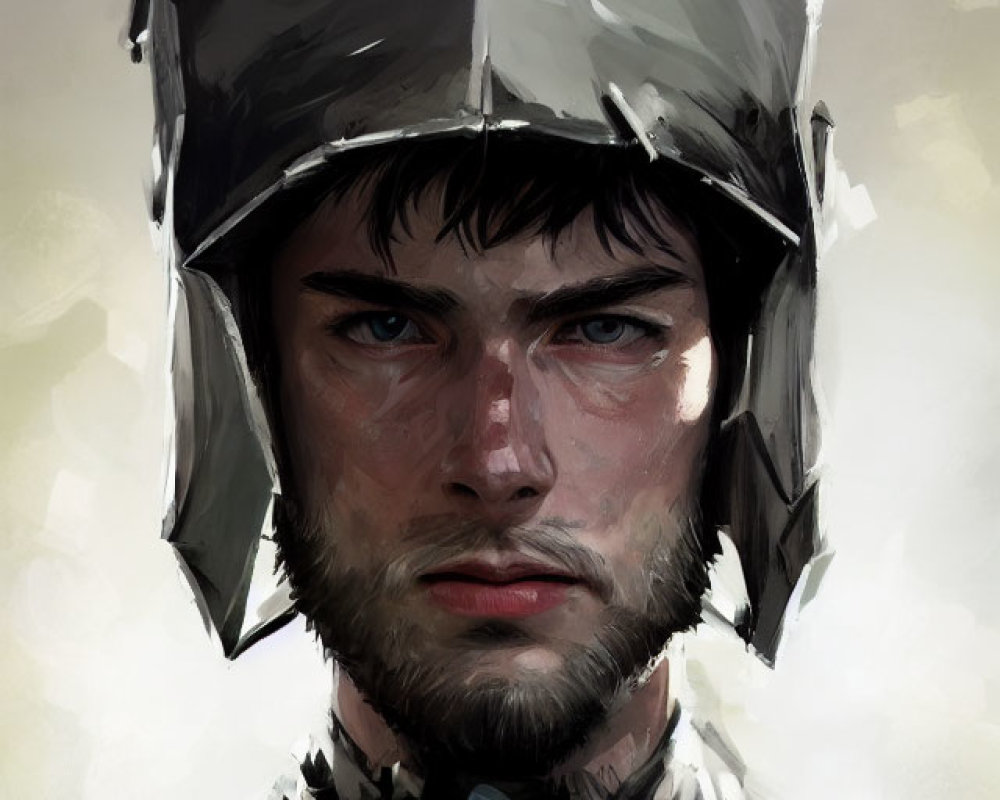 Portrait of young bearded male in medieval armor helmet, intense gaze, muted background