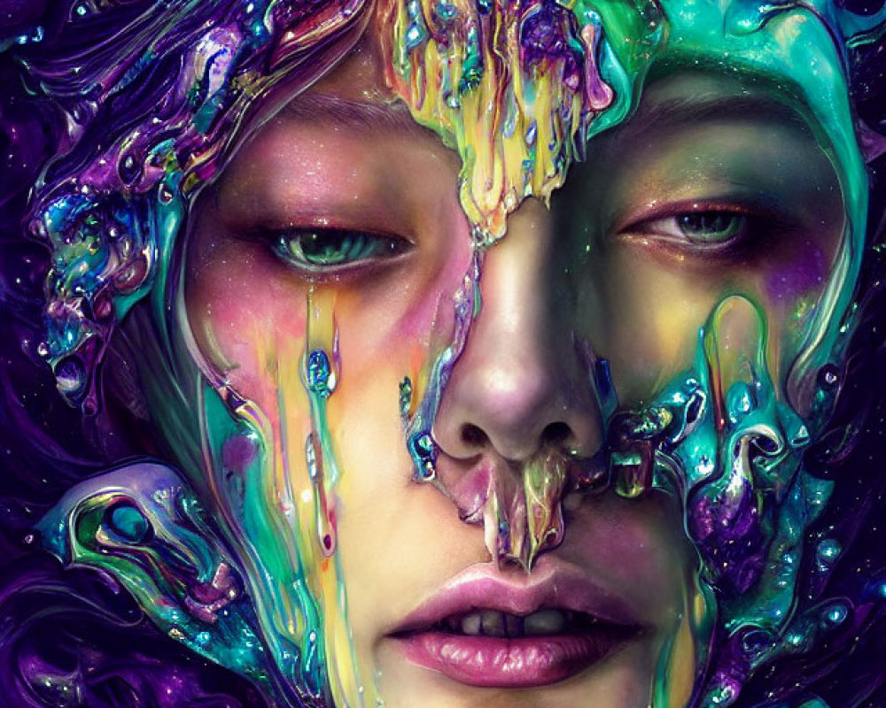 Vibrant digital artwork: Person with colorful liquid swirls on face