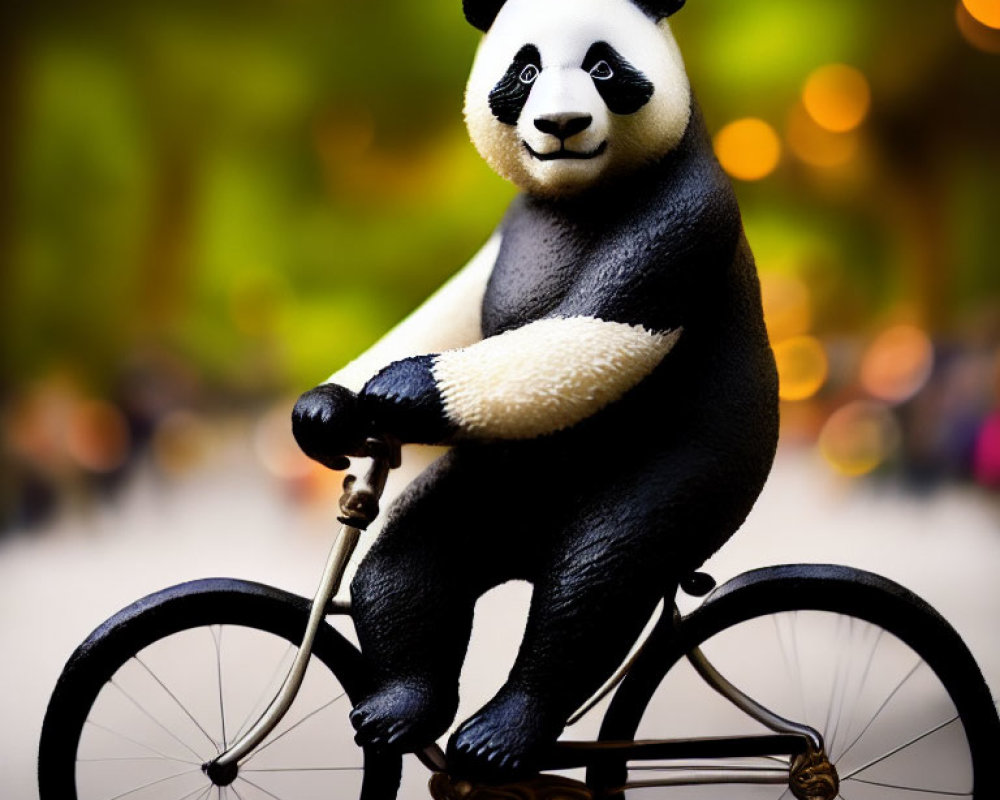 Panda Bear Figurine on Miniature Bicycle in Vibrant Blurred Background