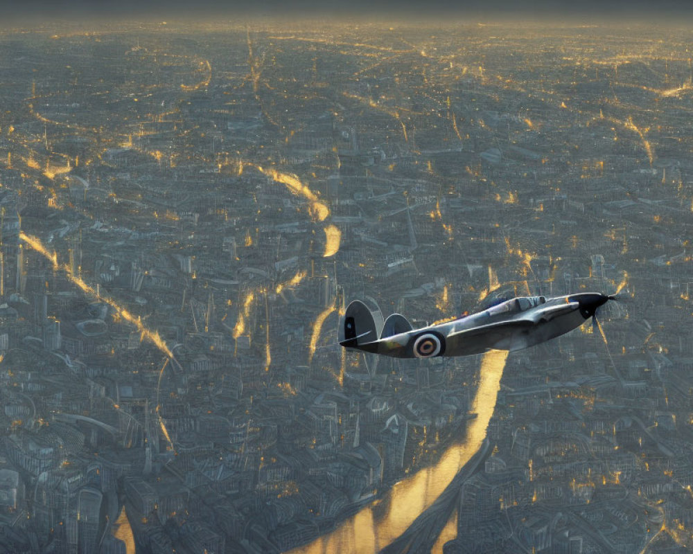 Vintage propeller aircraft over city at dusk with golden sunset glow