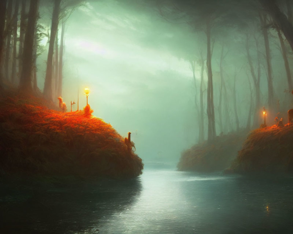 Mystical forest with river and lantern lights in foggy ambiance