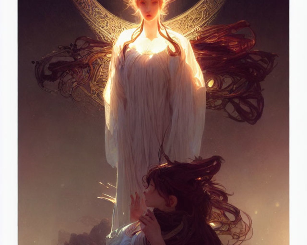 Ethereal artwork featuring two figures in radiant glow and dreamy backdrop