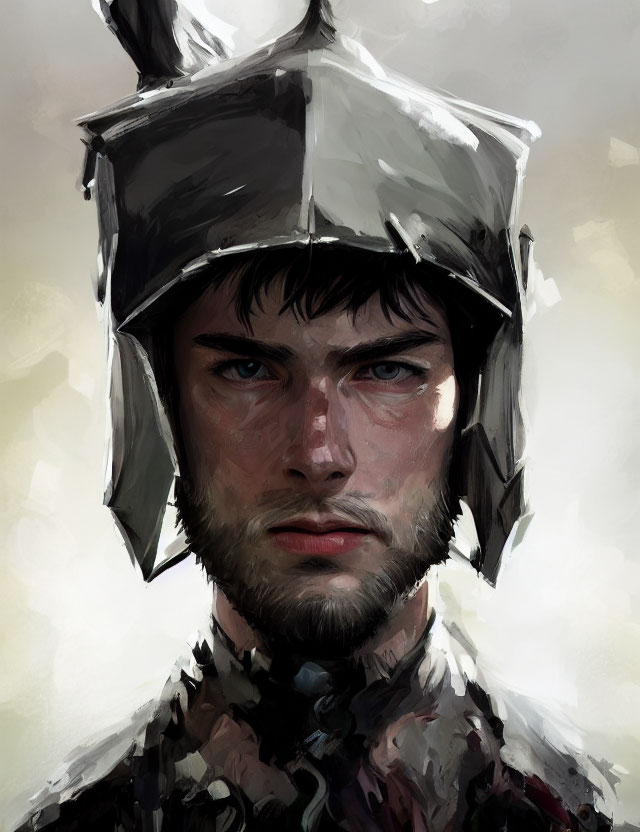 Portrait of young bearded male in medieval armor helmet, intense gaze, muted background