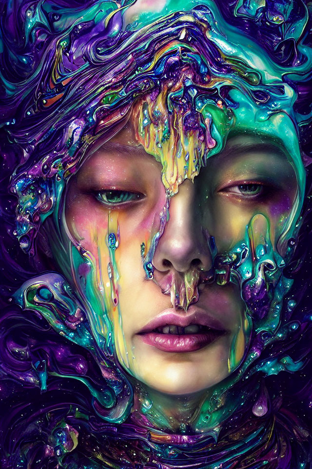 Vibrant digital artwork: Person with colorful liquid swirls on face