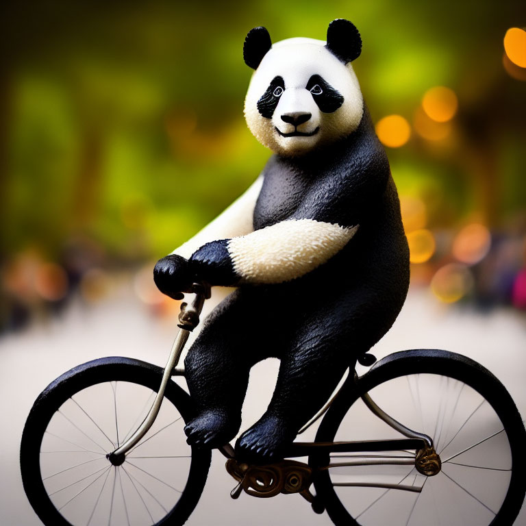 Panda Bear Figurine on Miniature Bicycle in Vibrant Blurred Background