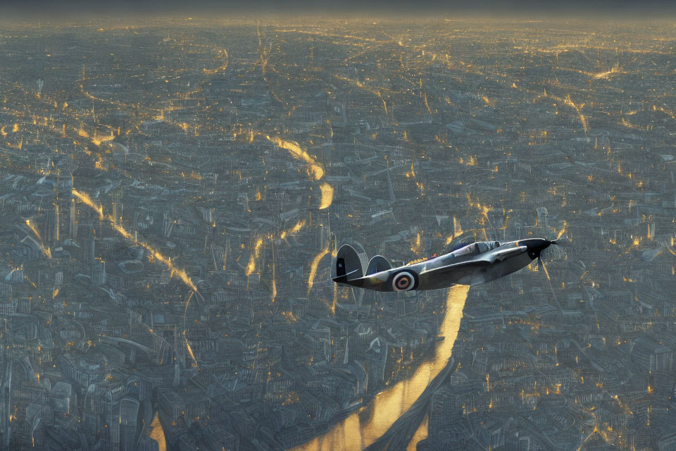 Vintage propeller aircraft over city at dusk with golden sunset glow