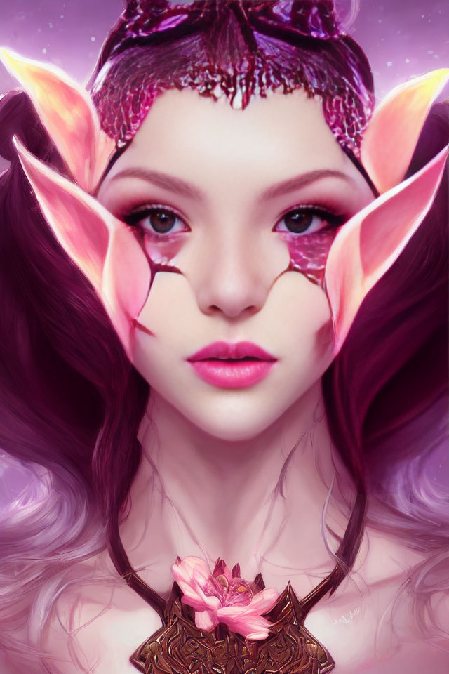 Fantasy portrait of female character with violet eyes and pointed purple ears on soft purple background