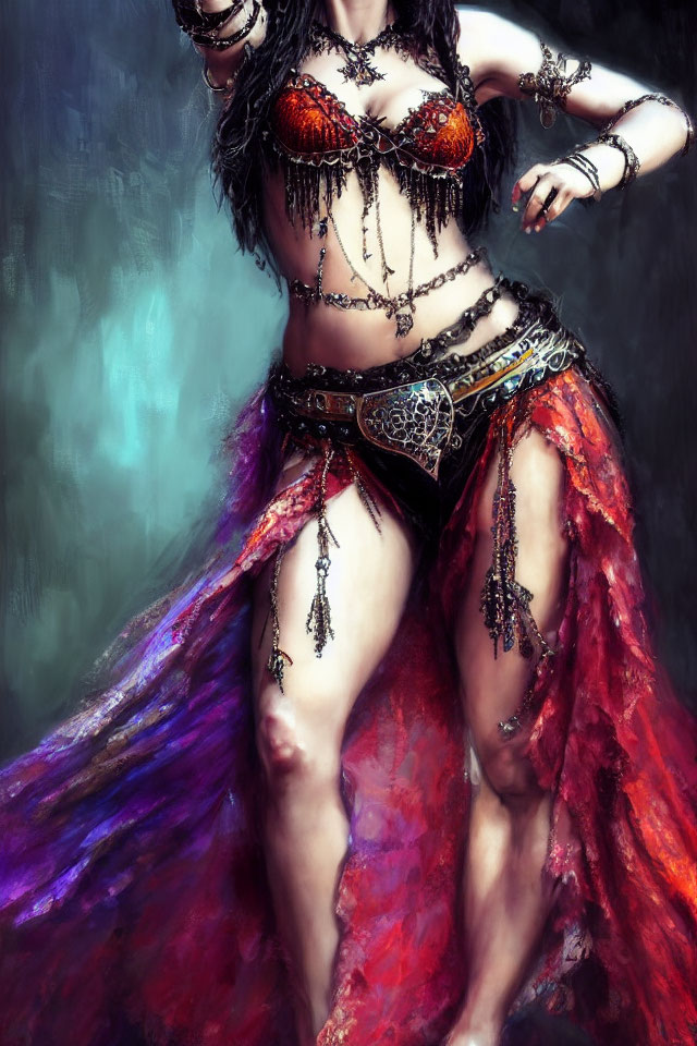 Elaborate belly dance attire with beaded bra and red skirt