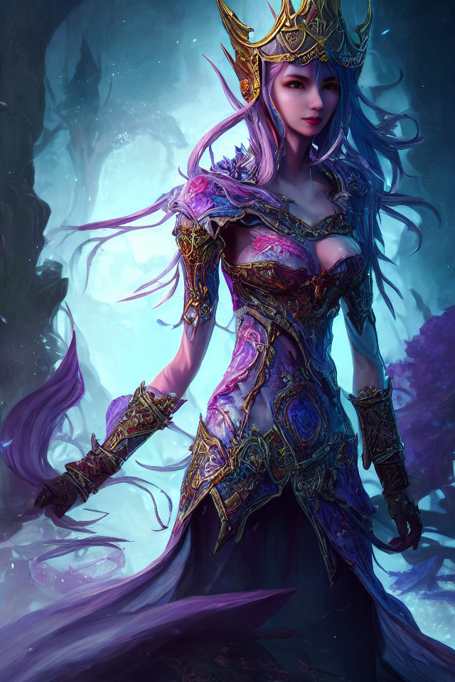 Fantasy queen with purple hair, golden crown, and armor in mystical forest