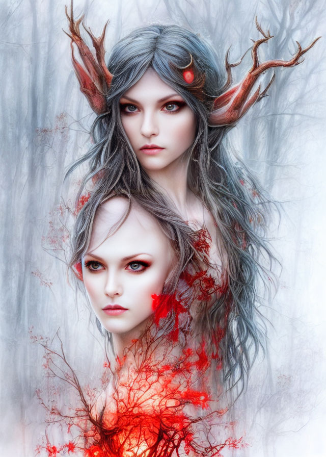 Ethereal artwork featuring two pale figures with antler-like branches and red accents