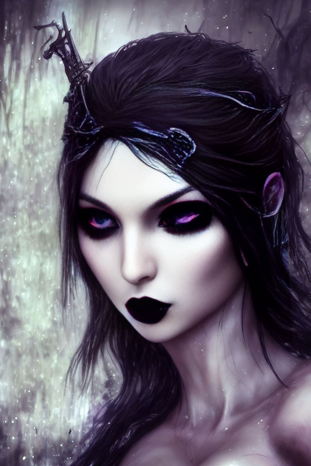 Digital artwork of female fantasy character with dark hair, purple eyes, black lipstick, and ornate head