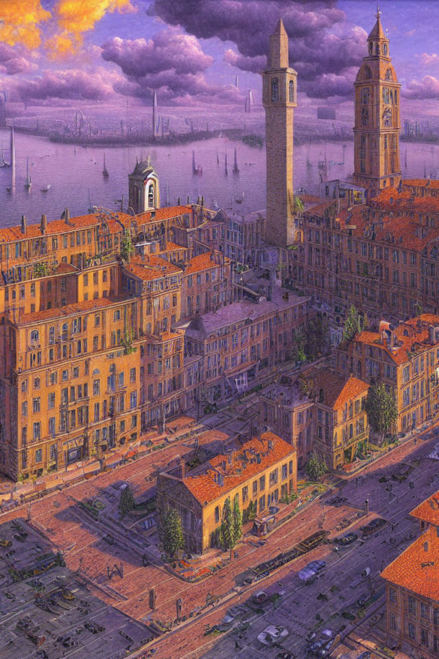 Historic waterfront city at sunset with boats, architecture, and bell towers in purple sky