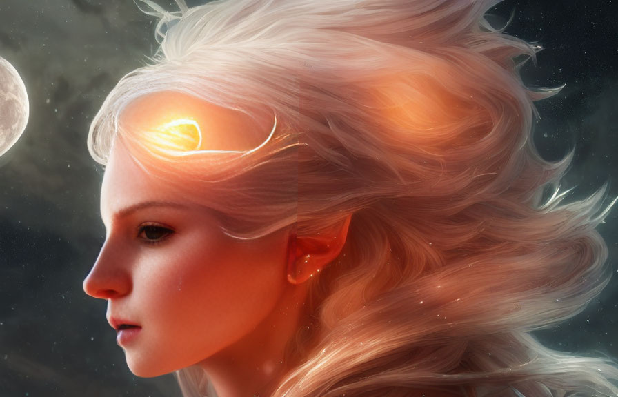 Fantasy artwork: Woman with flowing hair and glowing eye in cosmic setting