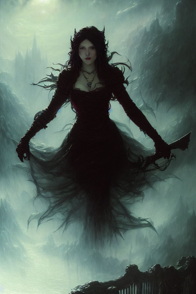 Woman in dark dress and lace gloves floating in misty forest with castle.