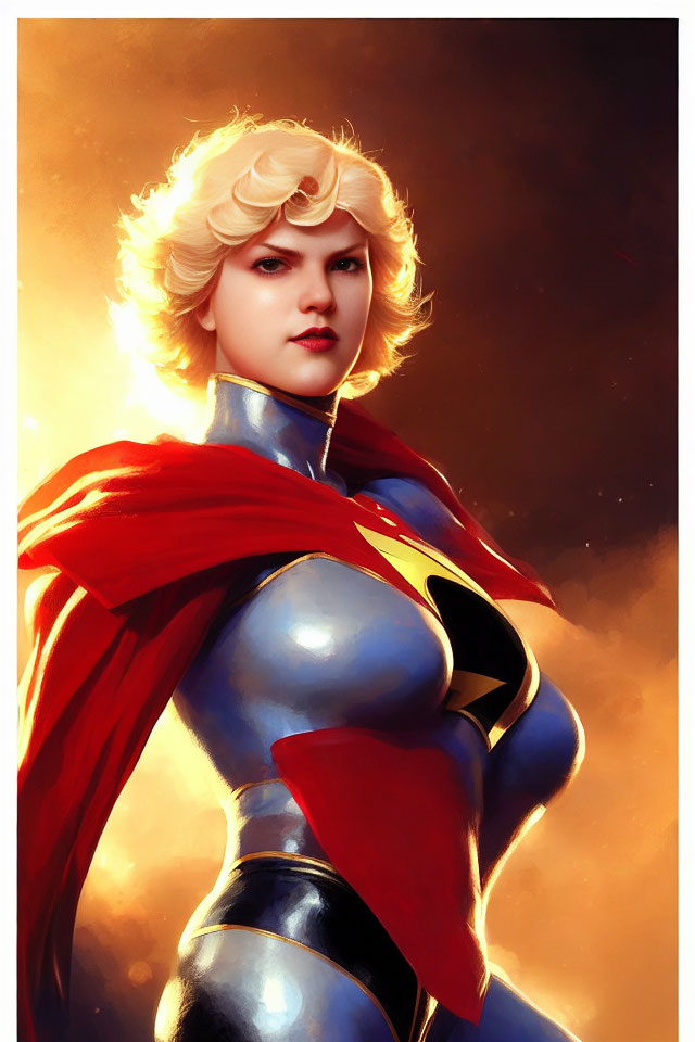 Blonde Female Superhero in Blue Suit with Red Cape on Glowing Backdrop