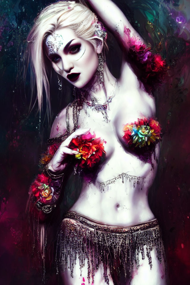 Fantasy portrait of woman with silver hair and floral accents