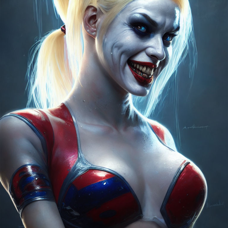 Female character with pale skin, blue and red makeup, pointed teeth, blonde pigtails, red