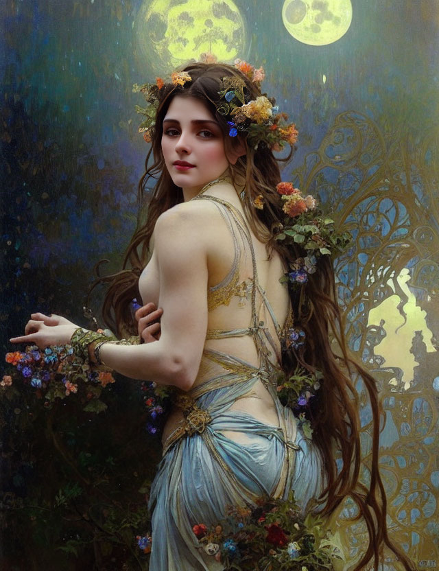 Woman in floral crown and gown in fantasy setting with moons.