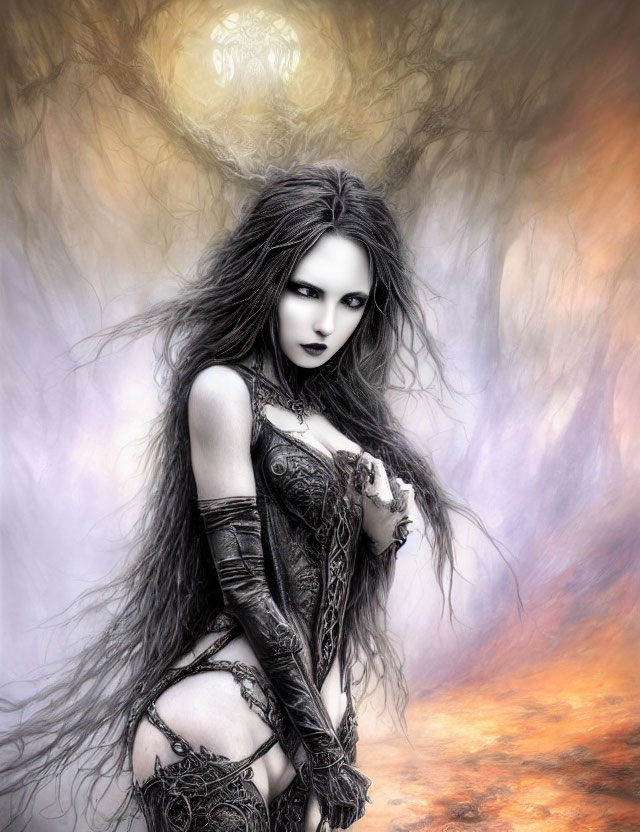 Gothic fantasy image of pale woman with black hair and glowing orb