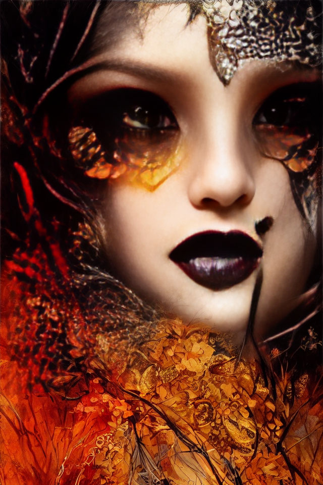 Close-up portrait featuring dark lipstick and golden leaf-like eye decorations amidst fiery orange feather-like textures.