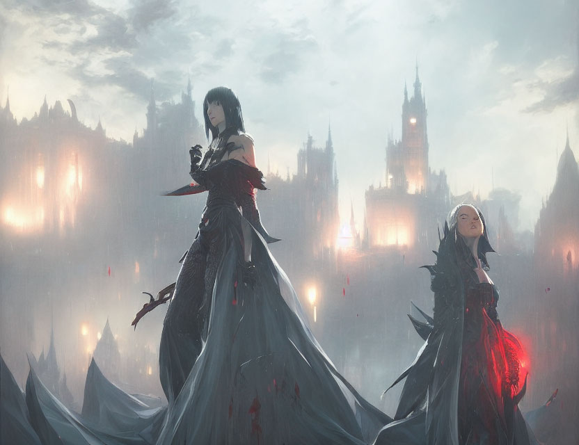 Elegantly dressed female characters in gothic fantasy setting