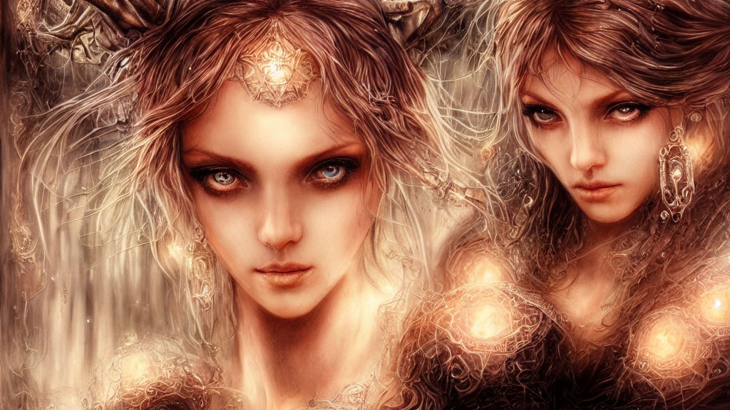 Ethereal women with luminous ornaments in nature-inspired backdrop