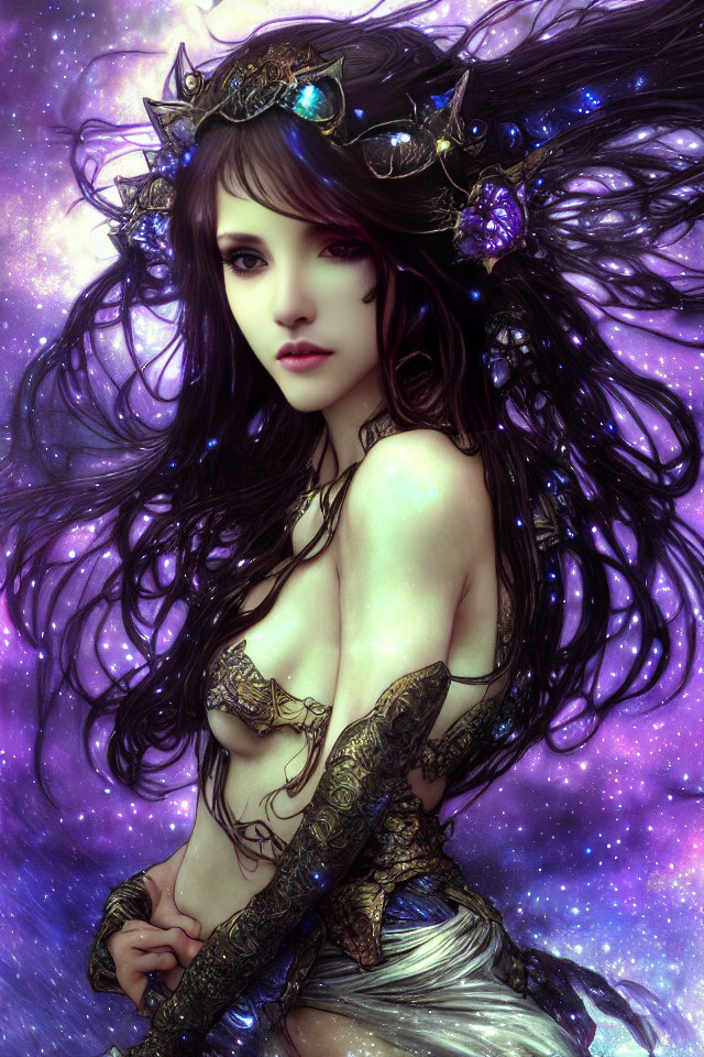 Fantasy Woman with Cosmic Background and Dark Crown