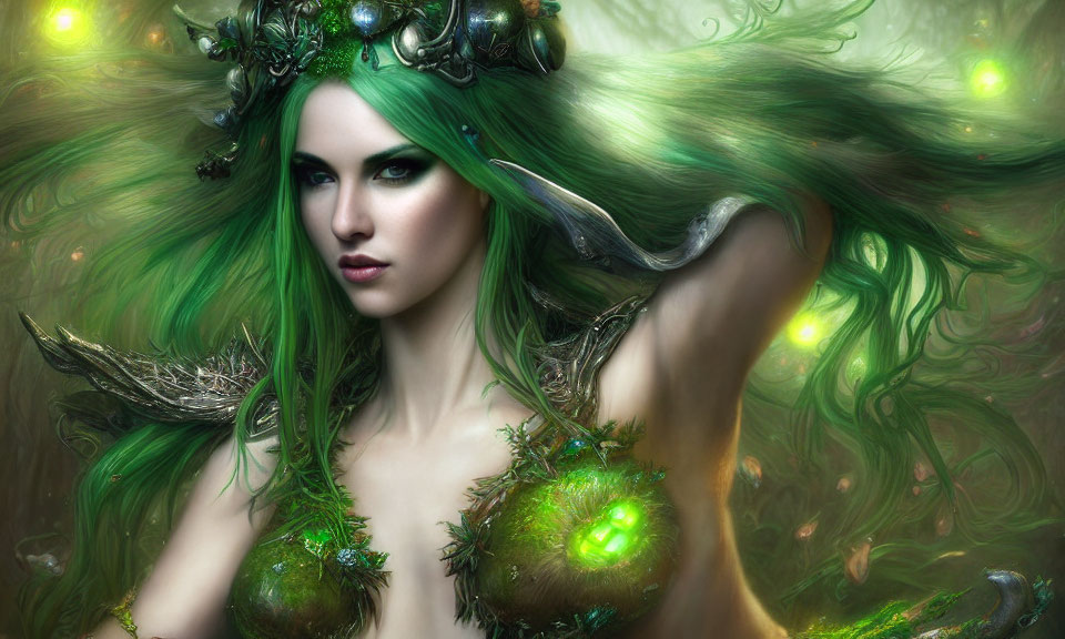 Fantastical woman with green hair and glowing eyes in forest-inspired attire