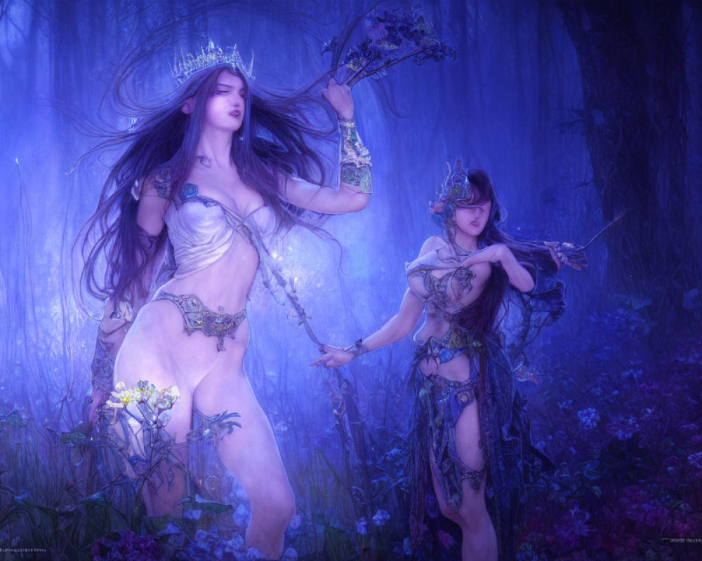 Ethereal women in mystical forest with crown, branch, and bow