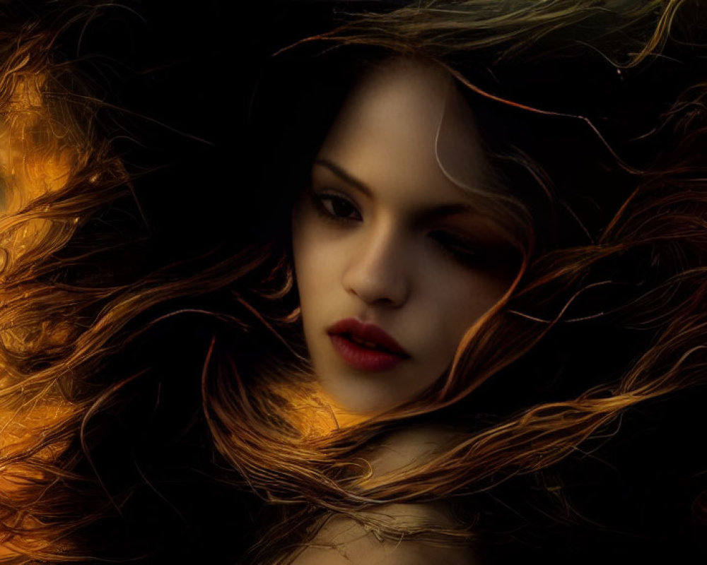 Dark-haired woman with red lips on amber background exudes mystery