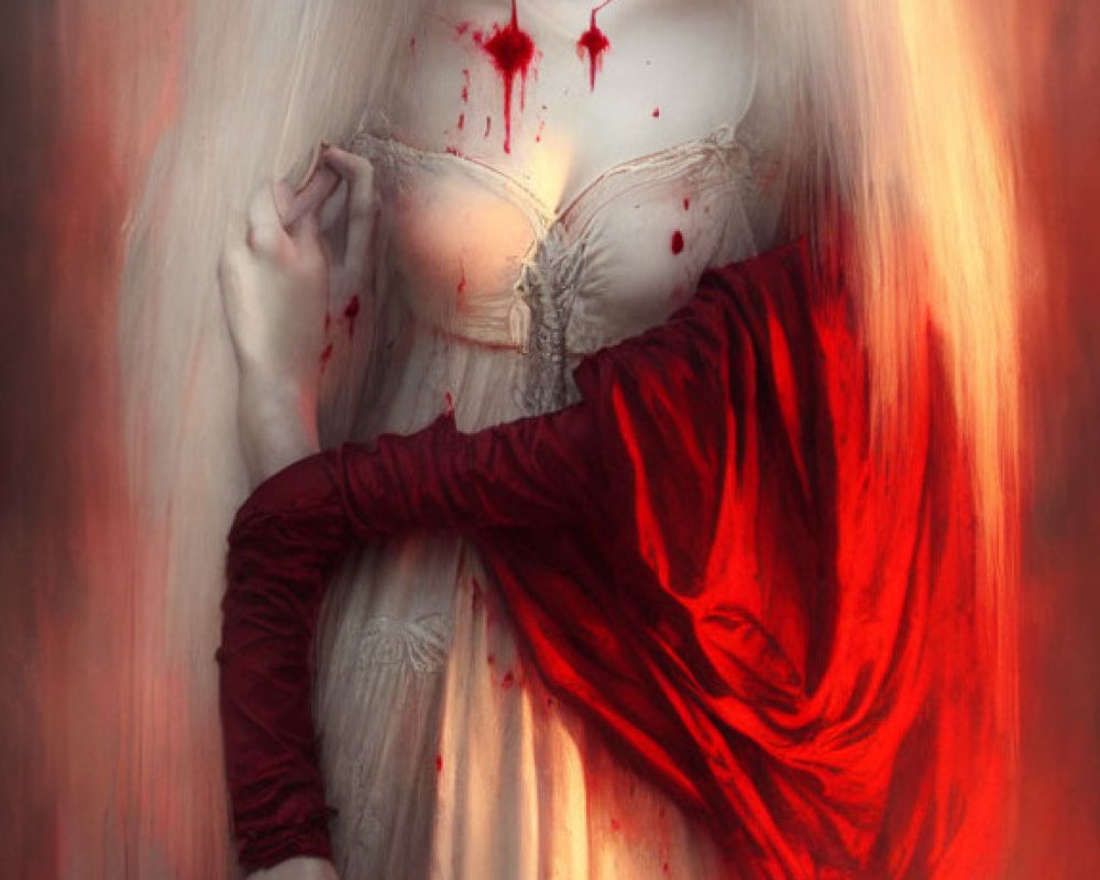 Pale figure with white hair in bloodstained dress - haunting vampire vibes