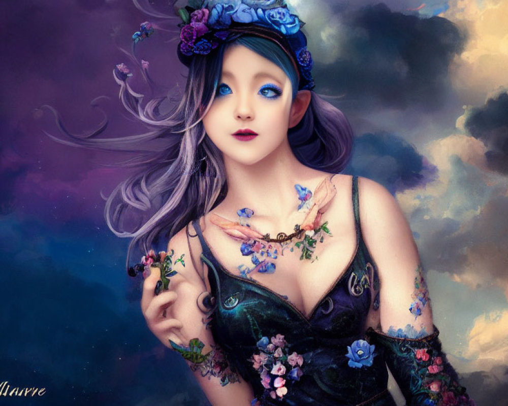 Fantasy woman with blue eyes, adorned with flowers and butterflies in cloudy sky