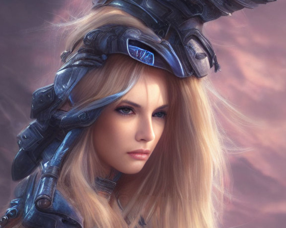 Blonde woman in futuristic armor against cloudy background