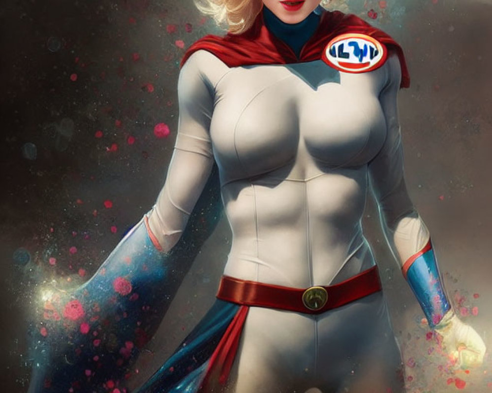 Female superhero illustration with red cape and cosmic background