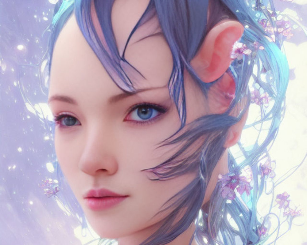 Digital Art: Female Figure with Blue Hair and Pink Flowers on Purple Background