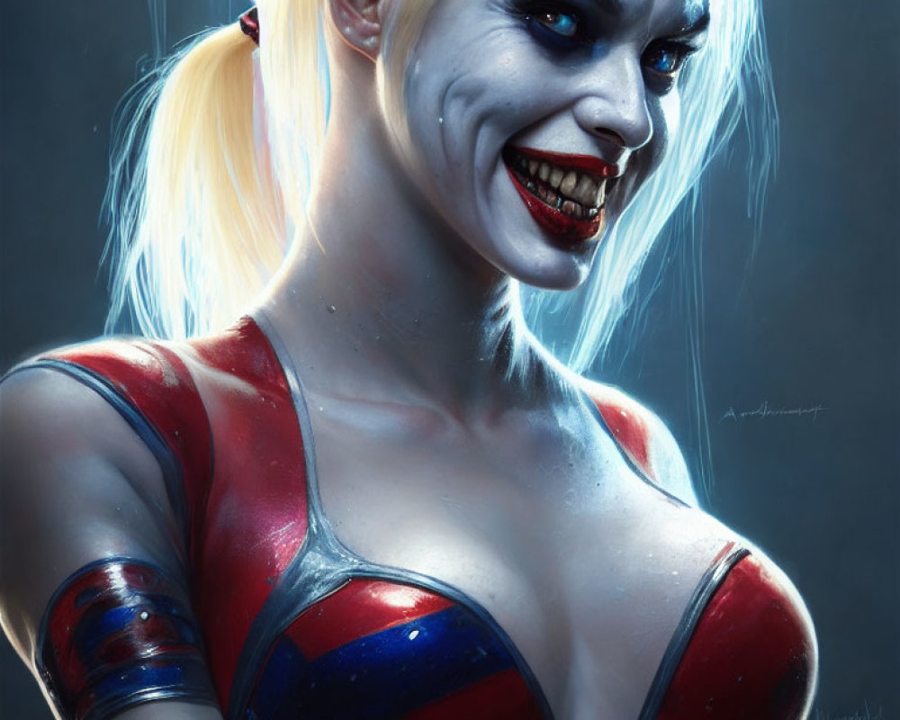 Female character with pale skin, blue and red makeup, pointed teeth, blonde pigtails, red