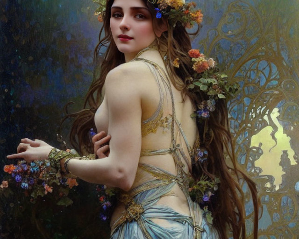 Woman in floral crown and gown in fantasy setting with moons.