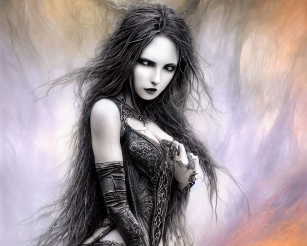 Gothic fantasy image of pale woman with black hair and glowing orb