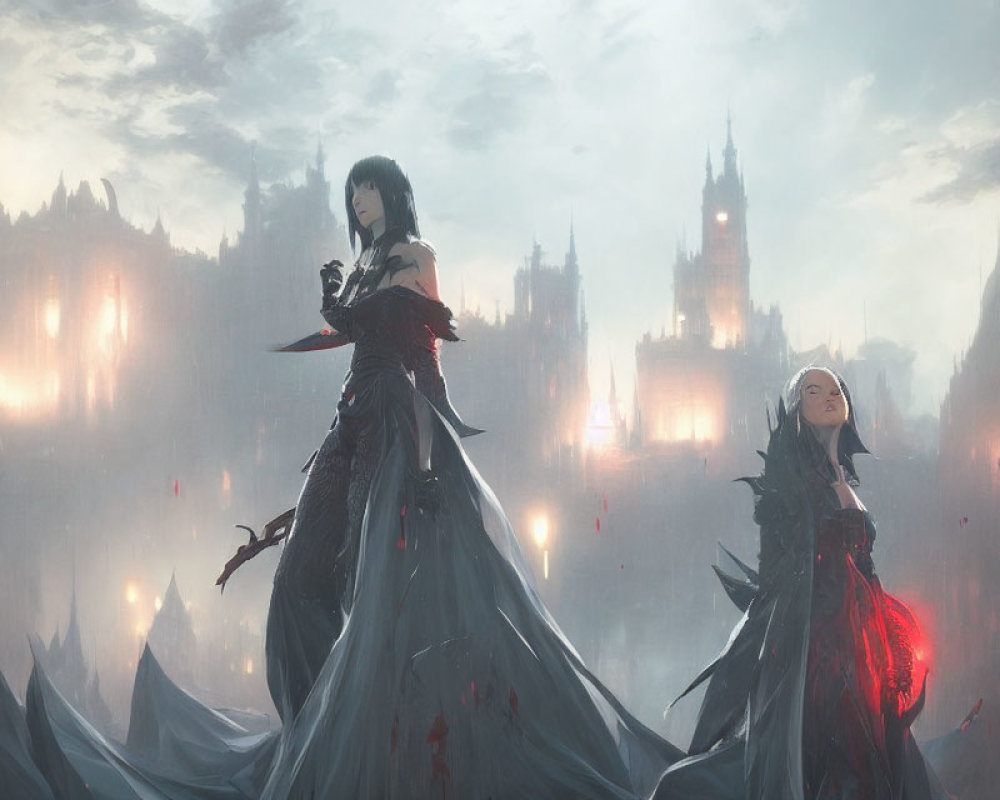 Elegantly dressed female characters in gothic fantasy setting