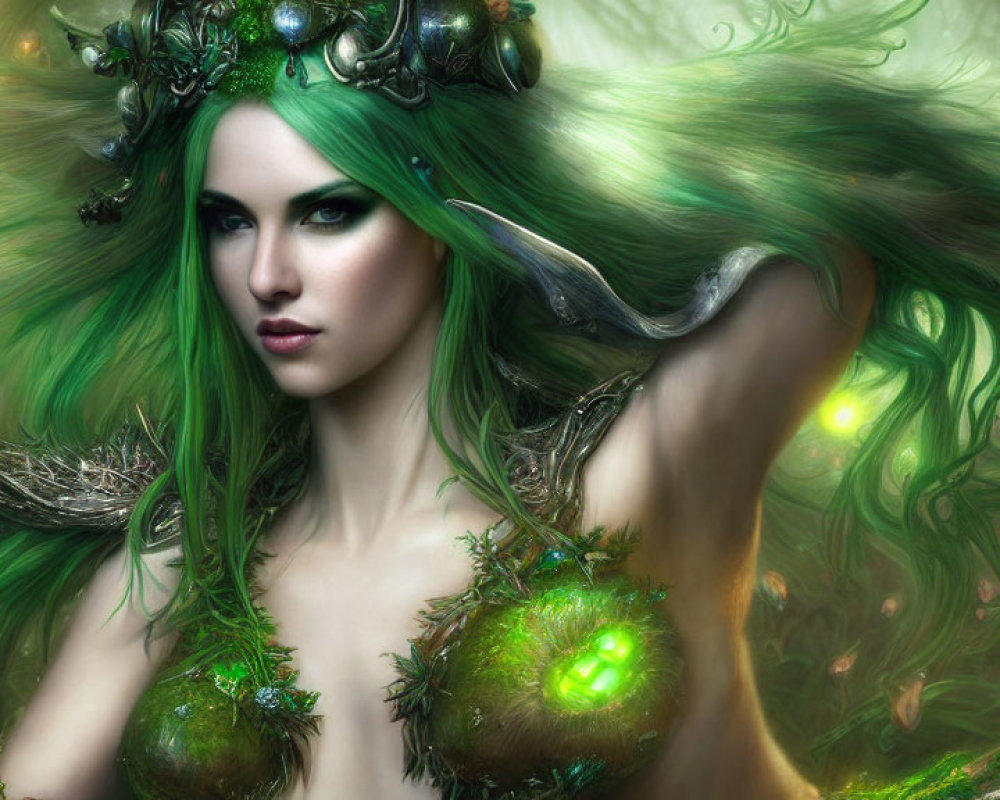 Fantastical woman with green hair and glowing eyes in forest-inspired attire