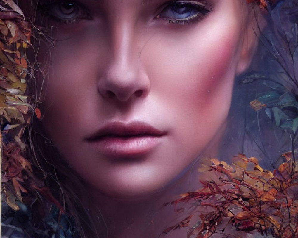 Woman's face with intense gaze and autumn leaves in hair