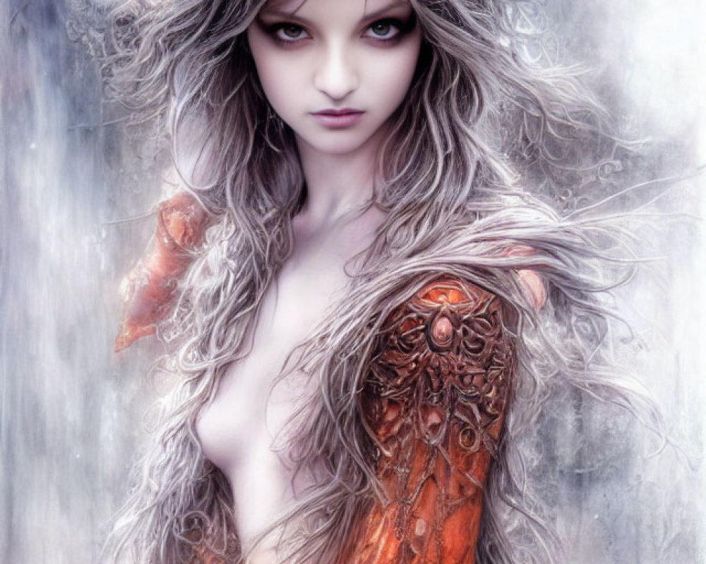 Mystical female figure with wild hair and ornate attire in ethereal setting