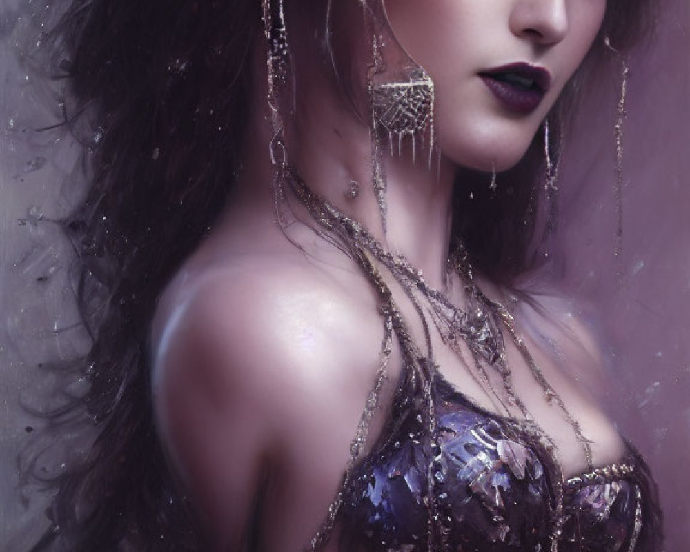 Fantasy portrait of woman with dark hair and jewel-encrusted headdress on purple background