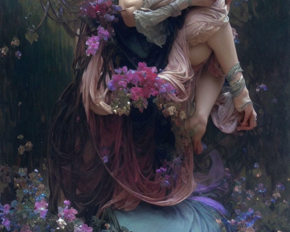 Ethereal women floating above water with lush flowers