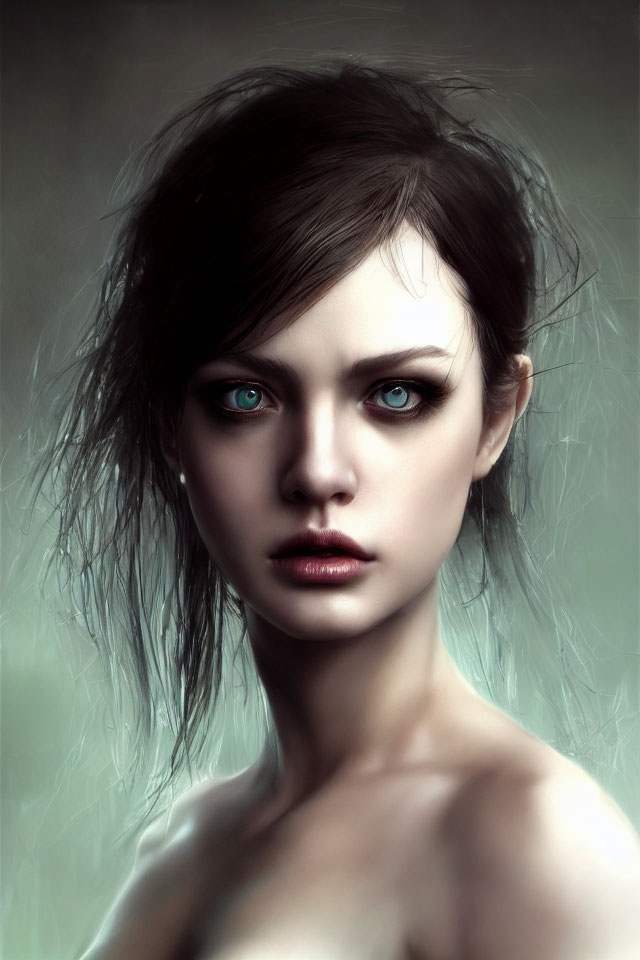 Woman with piercing blue eyes and disheveled hair in digital art.