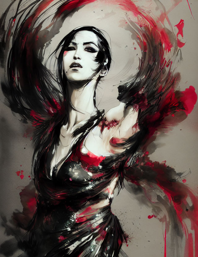 Monochrome illustration of woman with red swirls