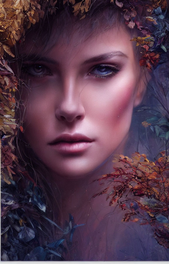 Woman's face with intense gaze and autumn leaves in hair