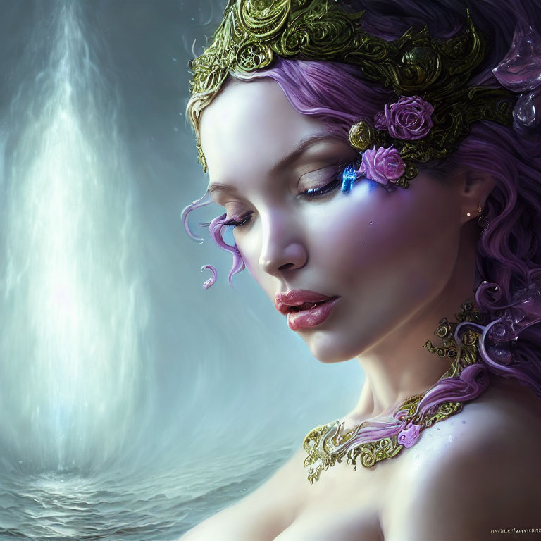 Purple-Haired Woman with Gold Crown and Flowers in Serene Setting